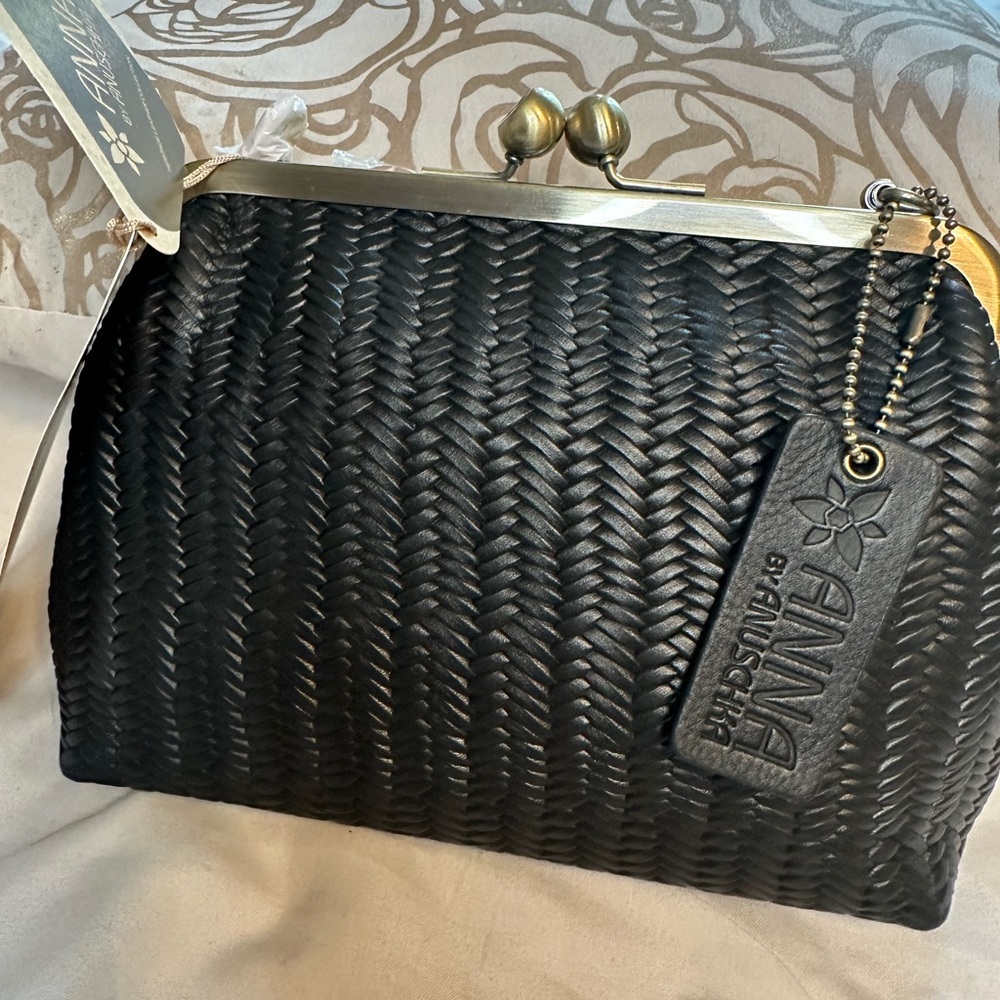 Anna by Anuschka Woven Leather Kiss-Lock Crossbody Clutch Bag Black NWT